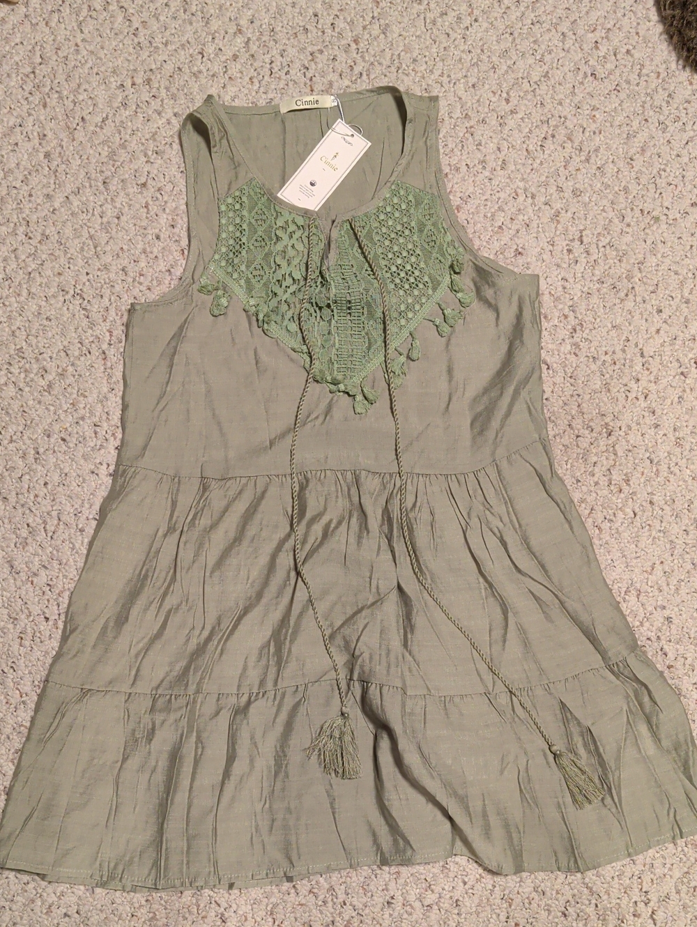 Olive Crochet-Tassel Sleeveless Casual Dress
